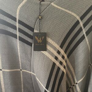 White Mark Gray Knit Crewneck Sweater with Black and Cream Plaid